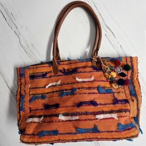⬇️$250 Cleobella Orange Colorful Bohemian Artsy Large Woven Tote Bag